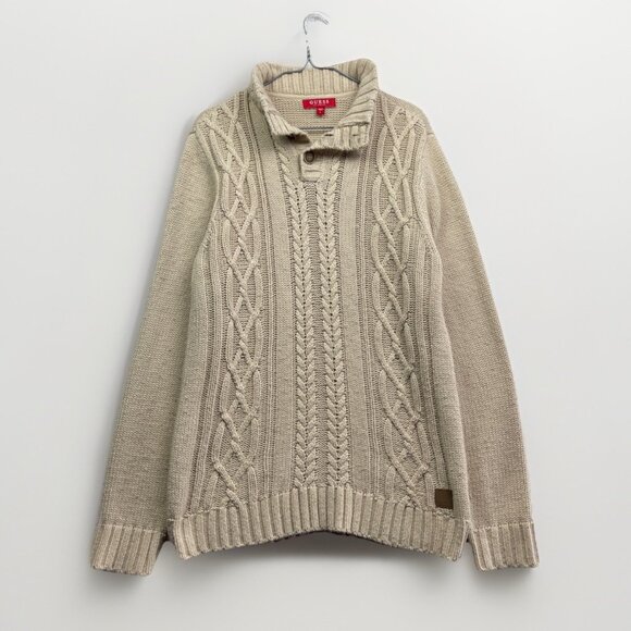 Guess  Cable Knit Fisherman Sweater Mens Sz L Off-White Beige Heavyweight Grunge - Picture 1 of 12
